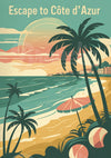 Affiche Escape to Côte d'Azur plage palmiers vintage
