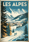 Affiche vintage station de ski alpine avec chalets et paysage hivernal