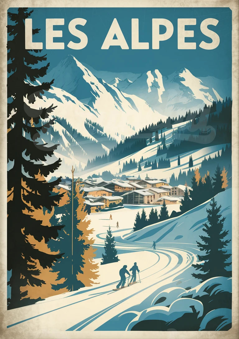 Affiche vintage station de ski alpine avec chalets et paysage hivernal