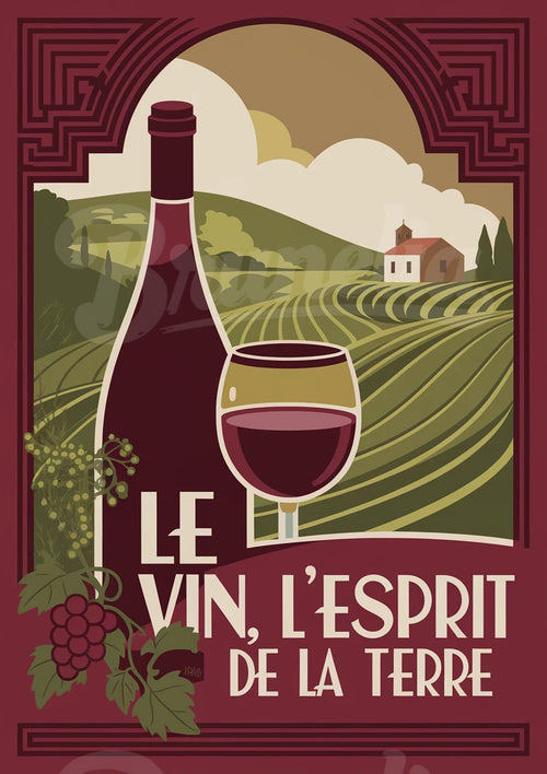 Affiche artistique - Vignoble et vin rouge rétro