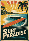 Affiche rétro surfeur planche rouge avec vague et palmiers