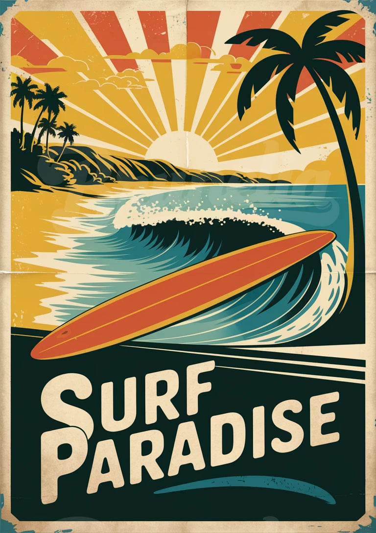 Affiche rétro surfeur planche rouge avec vague et palmiers
