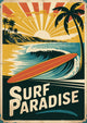 Affiche rétro surfeur planche rouge avec vague et palmiers