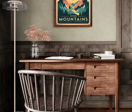Affiche vintage coucher de soleil sur les montagnes
