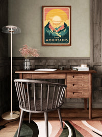 Affiche paysage montagneux coucher de soleil style rétro