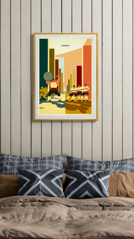 Affiche vintage force basque (levée de pierre, tir à la corde)