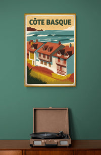 Affiche Côte Basque maisons traditionnelles et paysage côtier