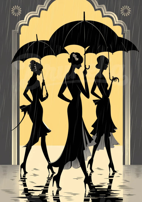 Affiche Élégance Féminine sous la Pluie – Style Art Déco
