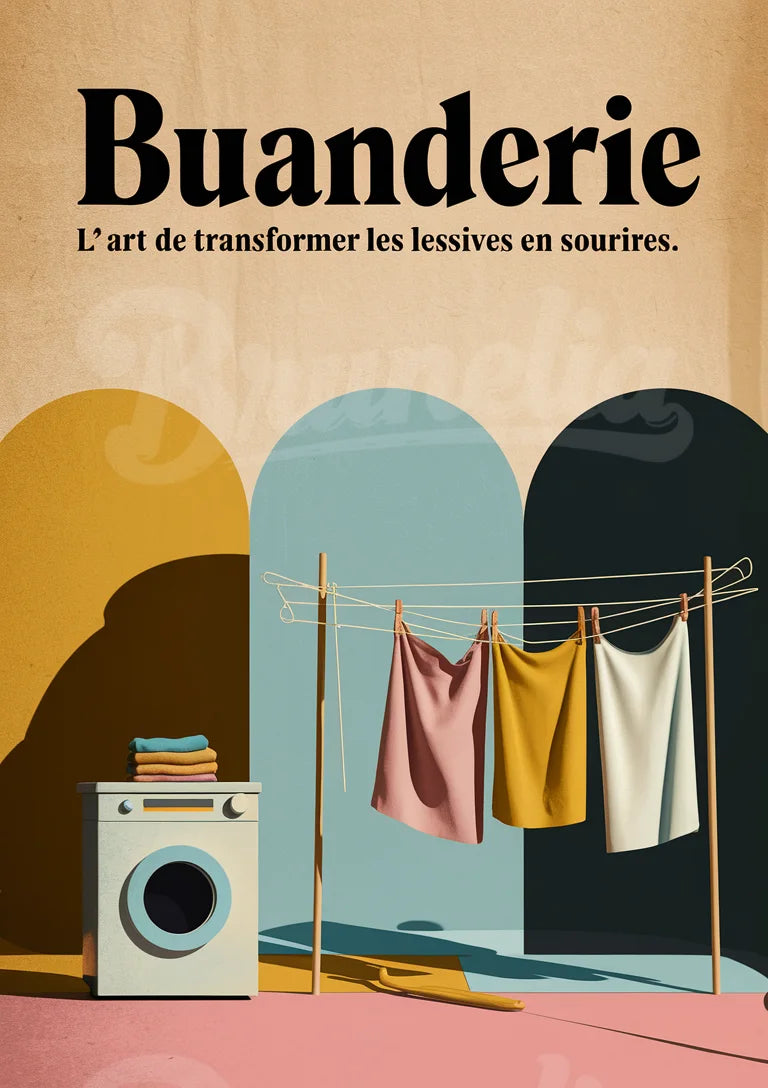 Affiche rétro lessive et repassage avec machine à laver