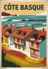 Affiche Côte Basque maisons traditionnelles et paysage côtier