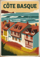 Affiche Côte Basque maisons traditionnelles et paysage côtier