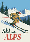 Affiche Skieur dans les montagnes enneigées années 1930