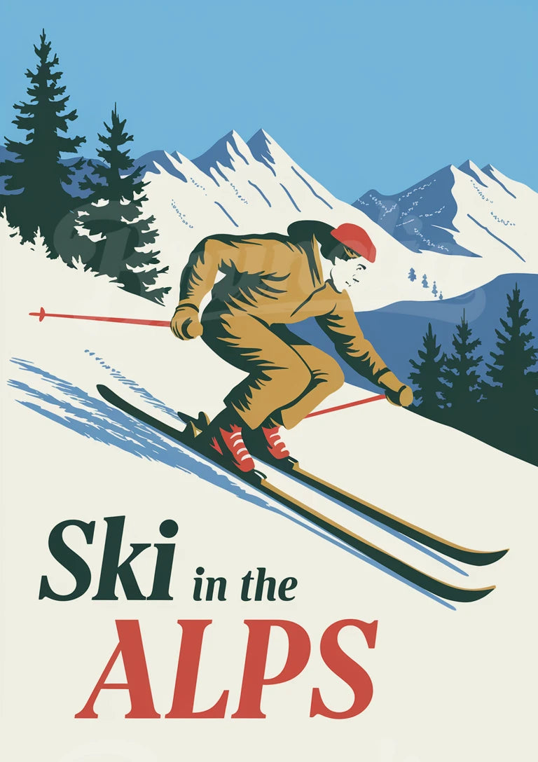 Affiche Skieur dans les montagnes enneigées années 1930