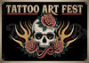 Affiche Tattoo Art Fest crâne roses et ailes dorées