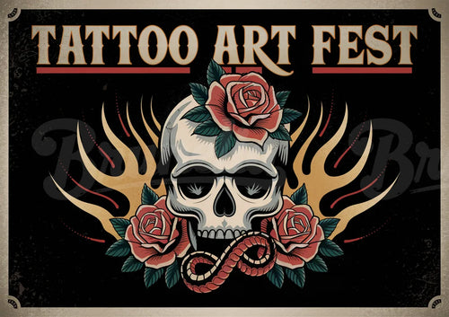 Affiche Tattoo Art Fest crâne roses et ailes dorées