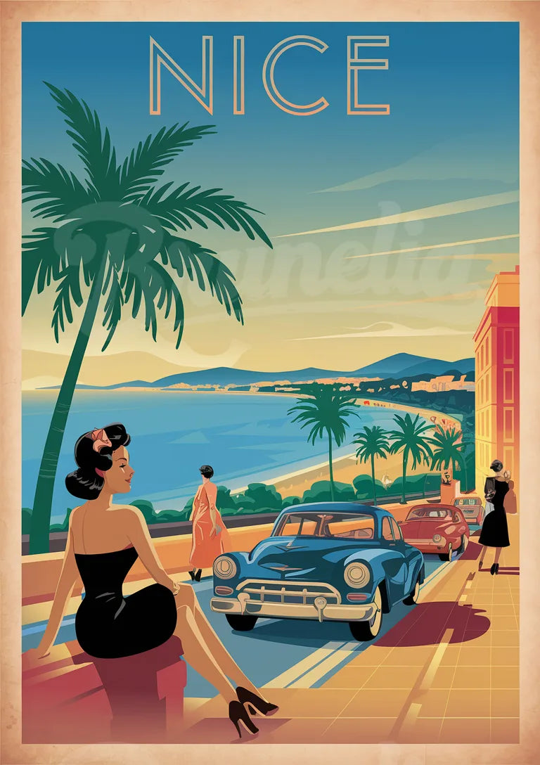 Affiche rétro Nice Côte d'Azur élégance années 1950