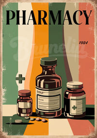 Affiche pharmacie 1924 bouteilles de sirop et comprimés