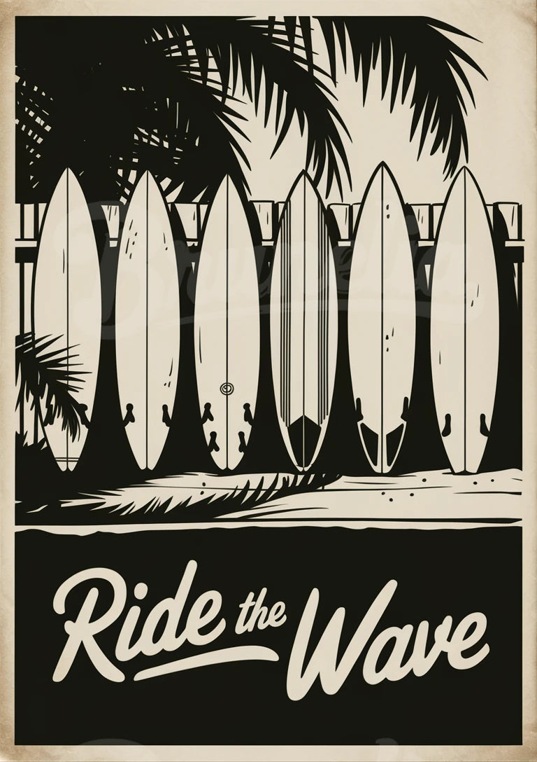 Affiche Ride the Wave planches de surf années 1950