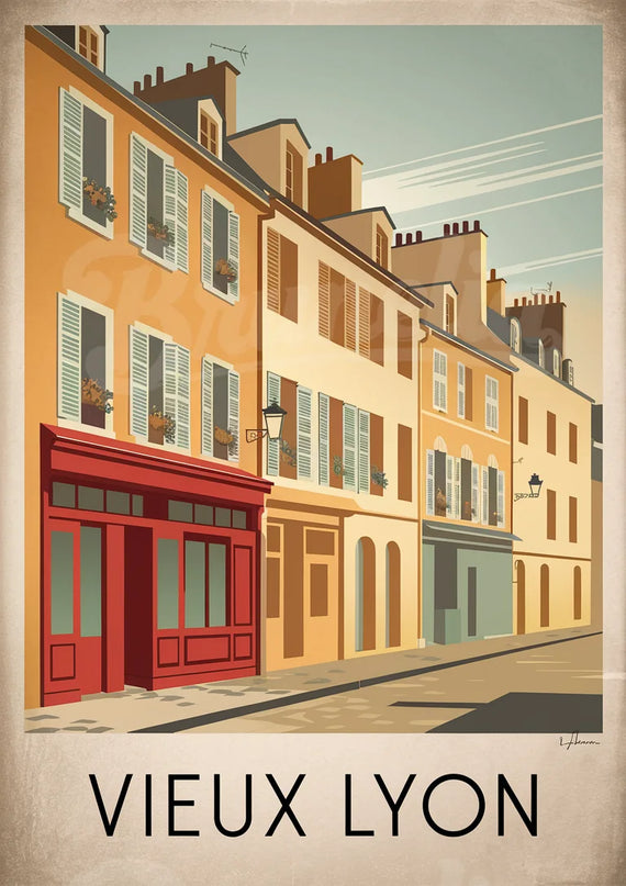 Affiche vintage façades colorĂ©es du Vieux Lyon