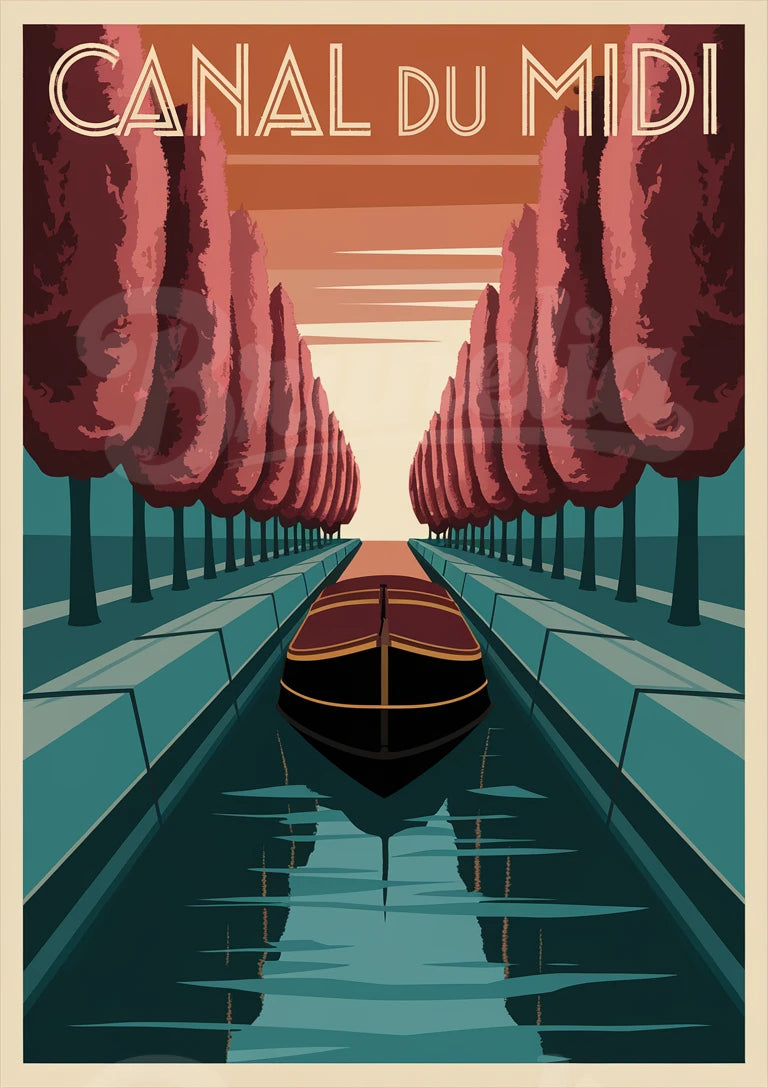 Affiche Canal du Midi bateau arbres alignés