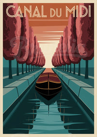 Affiche Canal du Midi bateau arbres alignés