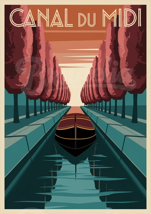 Affiche Canal du Midi bateau arbres alignés