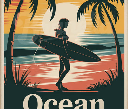 Affiche vintage surfeuse rétro