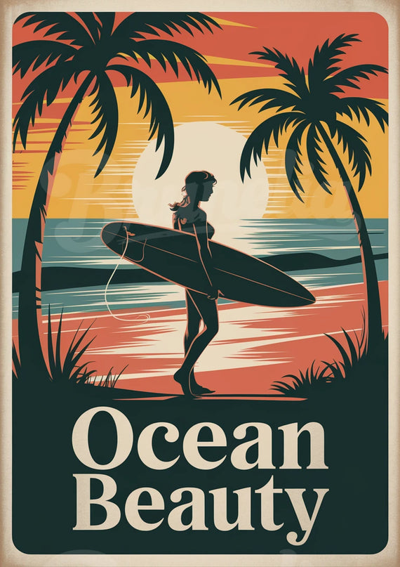 Affiche vintage surfeuse rétro