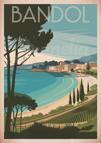 Illustration panoramique de Bandol avec plage et cyprès