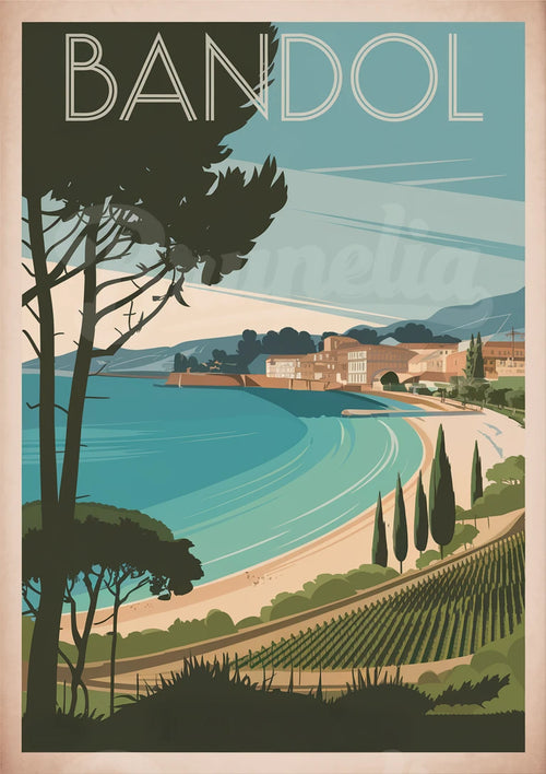Illustration panoramique de Bandol avec plage et cyprès