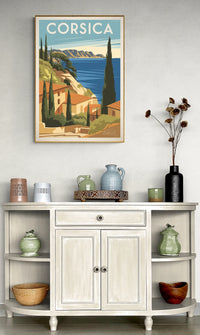 Affiche Corsica maison méditerranéenne et baie bleue