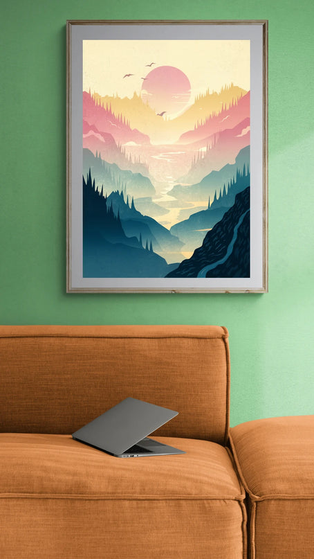 affiche coucher de soleil en montagne rétro