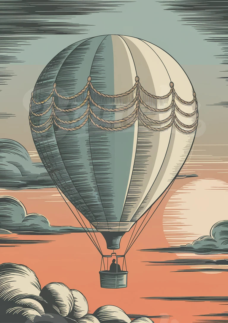 Affiche montgolfière ciel coucher soleil rétro