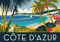 Affiche Côte d'Azur style Art Déco palmiers et plage