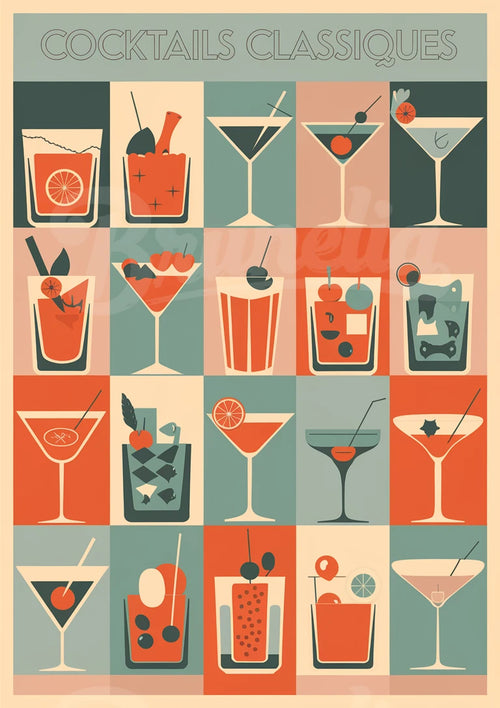 Affiche Illustrée de Cocktails Colorés – Style Rétro et Geométrique