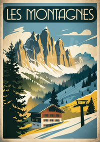 Illustration rétro – Chalet alpin et téléski en montagne