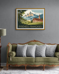 Affiche Église de montagne style art déco Pyrénées