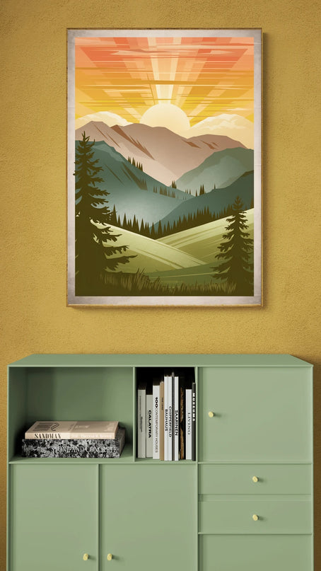 Affiche vintage coucher de soleil sur les montagnes copie