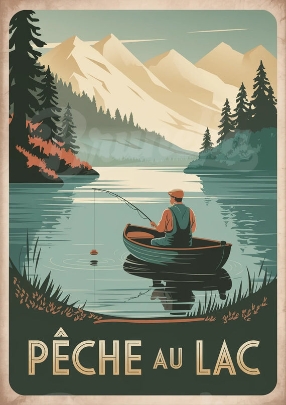 Affiche pêche au bord du lac rétro