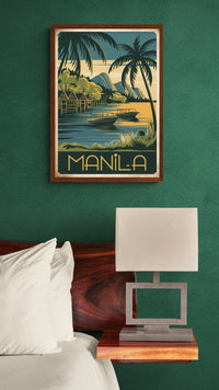 Affiche Manille vintage style art déco avec pirogues et cabanes