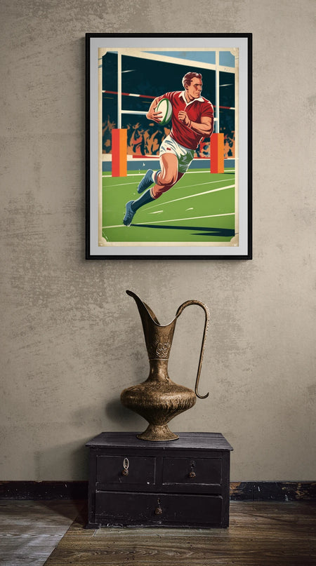 Affiche vintage rugbyman en plein match