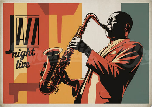 Affiche saxophoniste All night live rétro