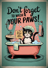 Affiche chat à la baignoire hygiène animaux vintage