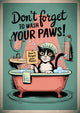 Affiche chat à la baignoire hygiène animaux vintage