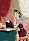 Affiche femme écrivain élégant rétro années 50