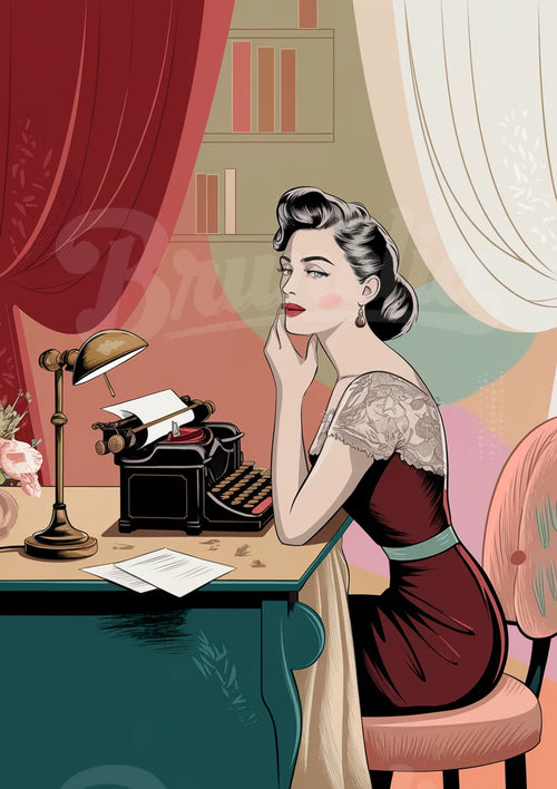 Poster Machine à écrire et Pin-up pensive