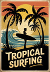Affiche surfeur tropical avec palmiers et coucher de soleil