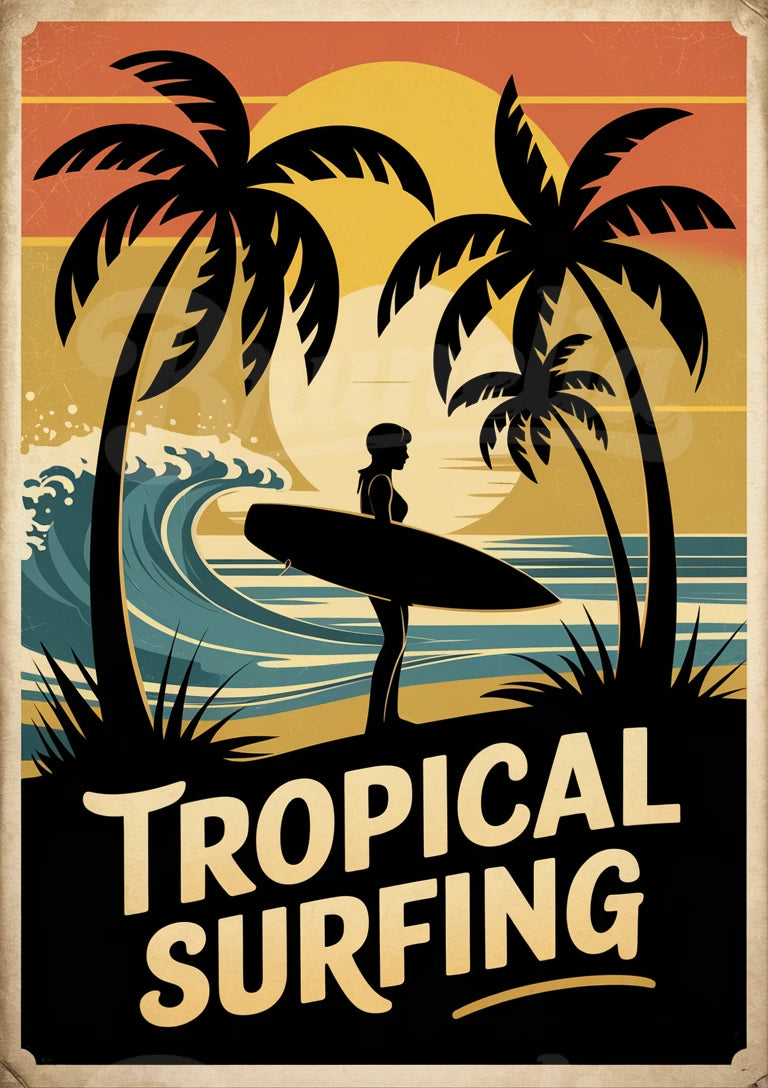 Affiche surfeur tropical avec palmiers et coucher de soleil