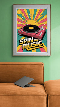 Affiche platine vinyle et soleil style pop art rétro