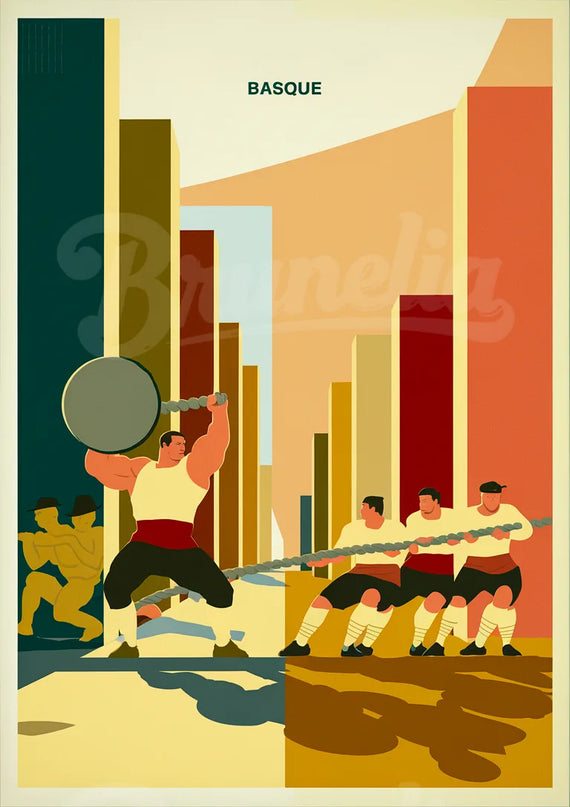 Affiche vintage force basque (levée de pierre, tir à la corde)